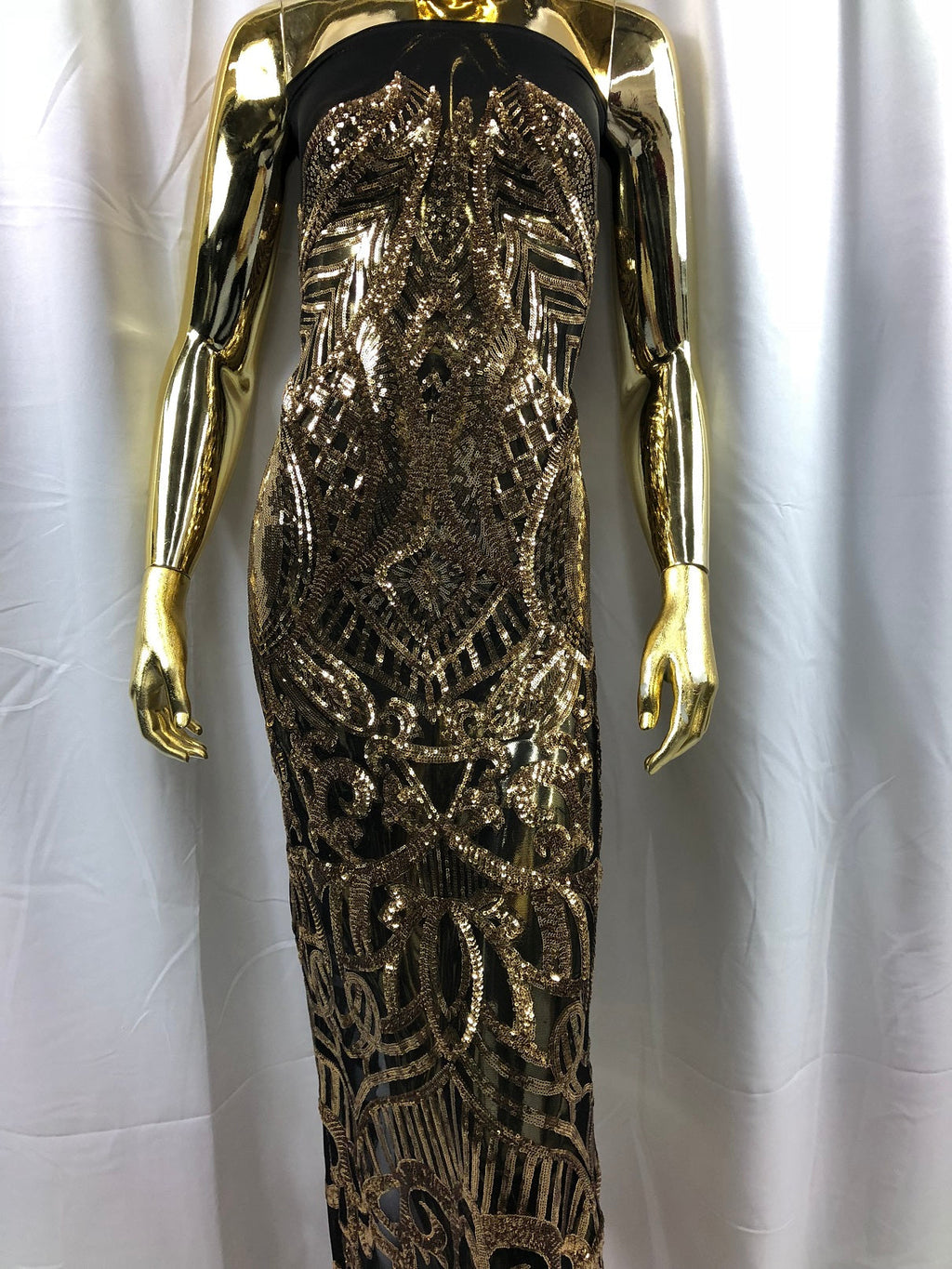 Gold on Black Sequin - 4 Way Stretch Embroidered Royalty Sequins Fancy Design Fabric By Yard