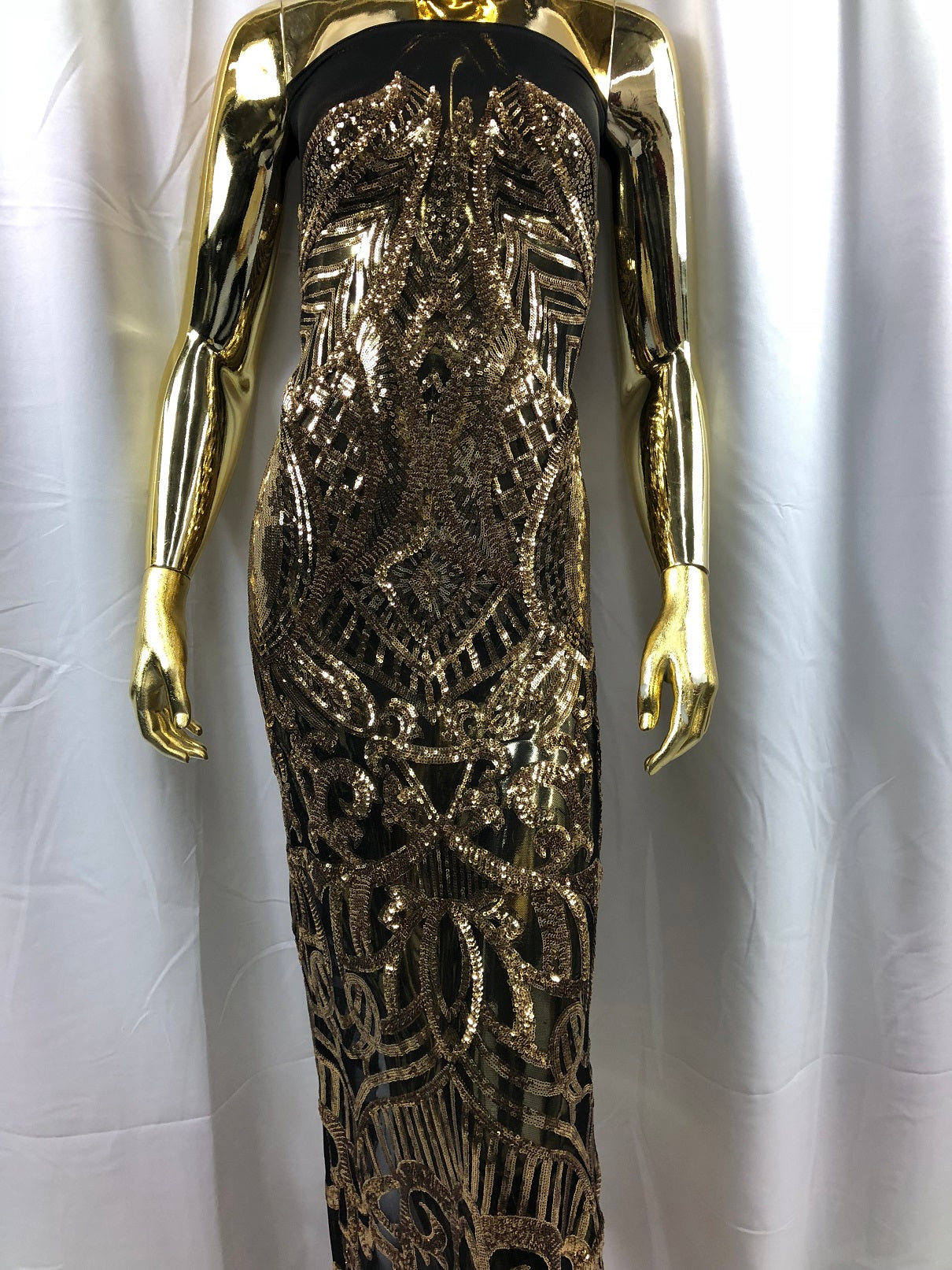 Gold on Black Sequin - 4 Way Stretch Embroidered Royalty Sequins Fancy Design Fabric By Yard