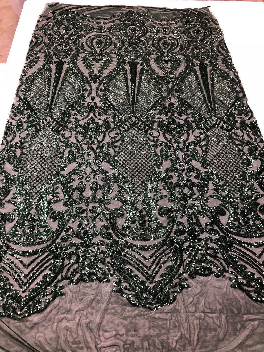 Fancy Design Sequins Fabric with 4 Way Stretch - Hunter Green  -  Beautiful Fabrics Sold By The Yard