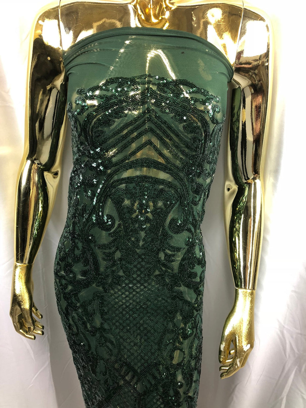Fancy Design Sequins Fabric with 4 Way Stretch - Hunter Green  -  Beautiful Fabrics Sold By The Yard