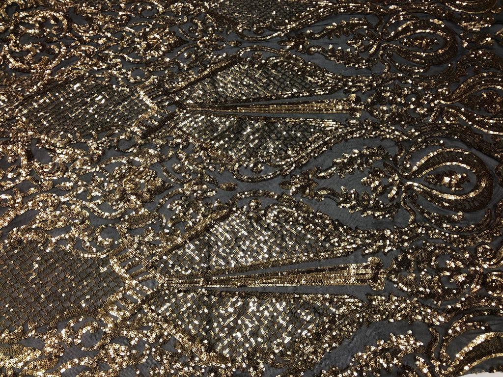 Fancy Design Sequins Fabric with 4 Way Stretch - Black and Gold -  Beautiful  Fabrics Sold By The Yard