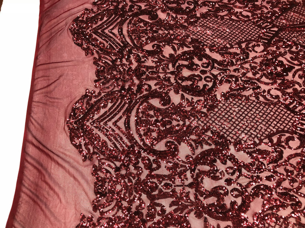 Fancy Design Sequins Fabric with 4 Way Stretch - Burgundy -  Beautiful Fabrics Sold By The Yard