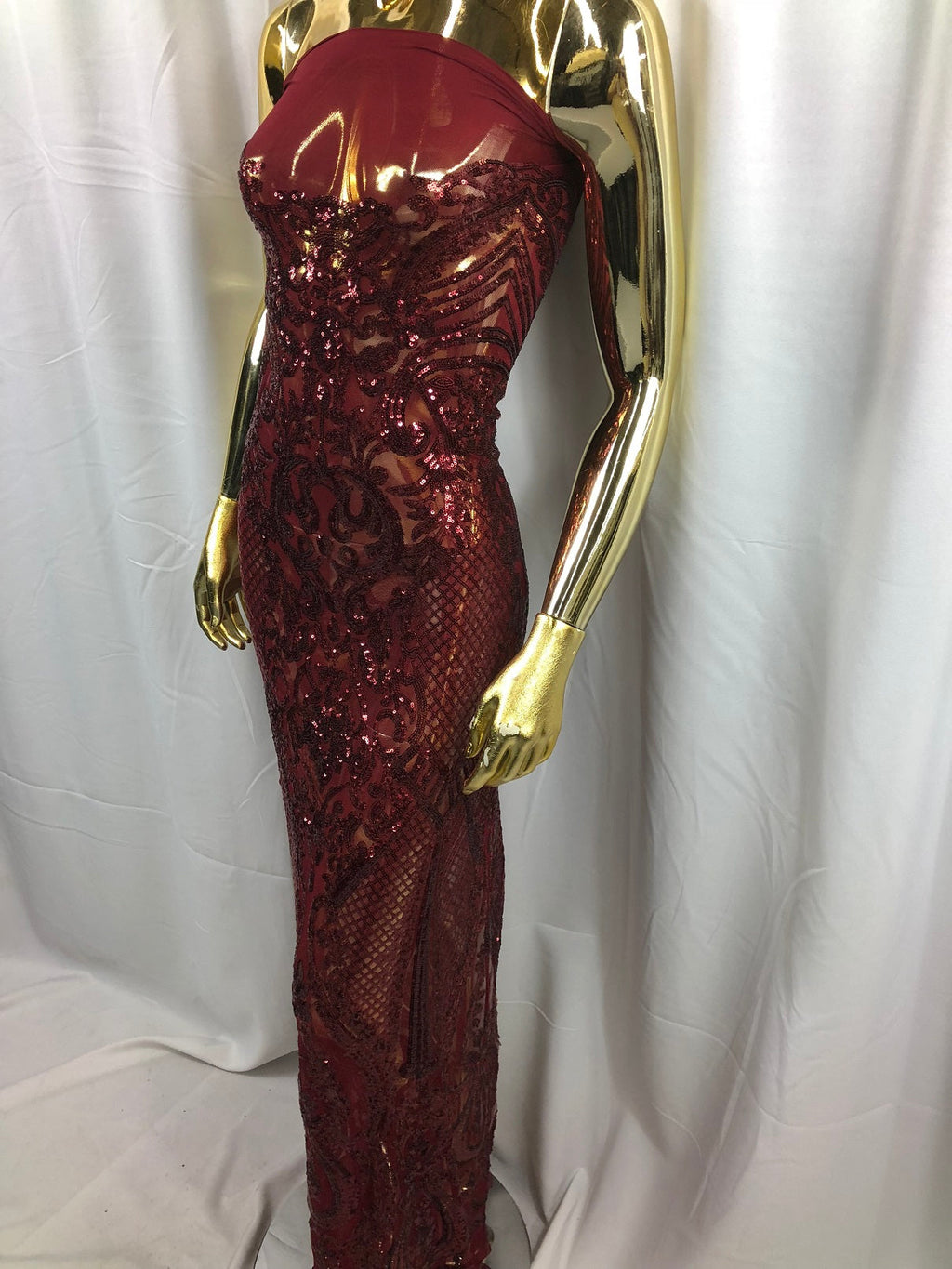 Fancy Design Sequins Fabric with 4 Way Stretch - Burgundy -  Beautiful Fabrics Sold By The Yard