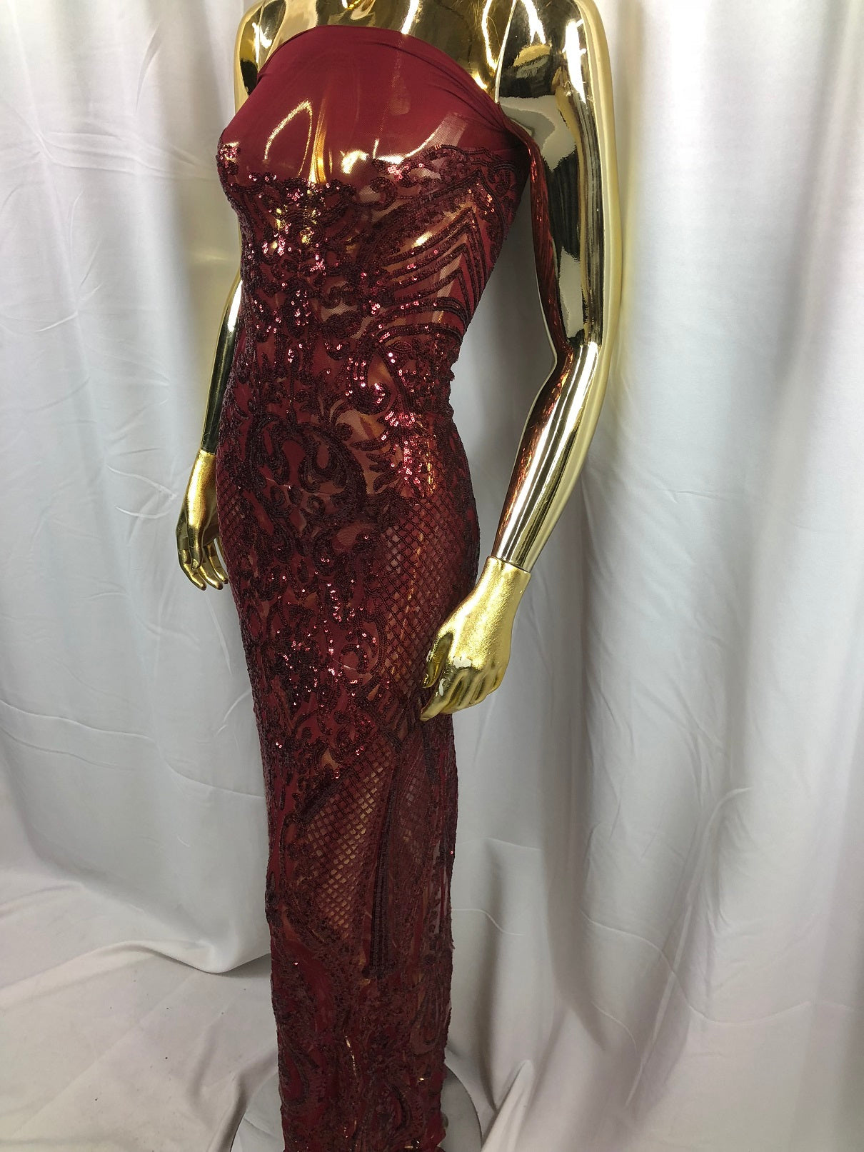 Fancy Design Sequins Fabric with 4 Way Stretch - Burgundy -  Beautiful Fabrics Sold By The Yard