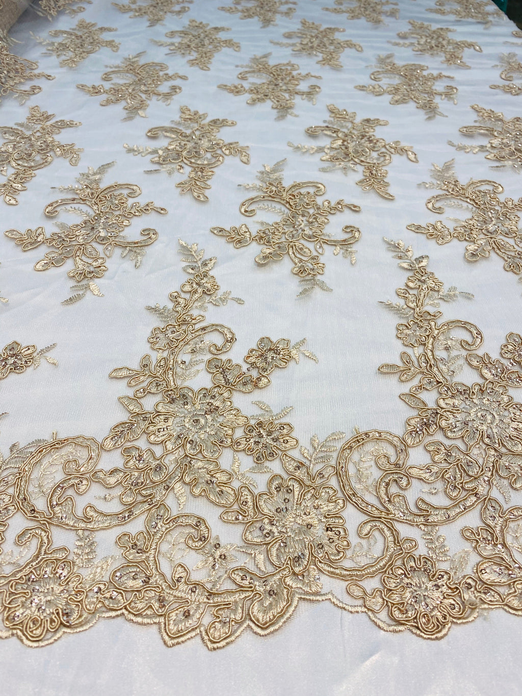 Lace Fabric - Champagne - Corded Flower Embroidery With Sequins on Mesh Polyester By The Yard