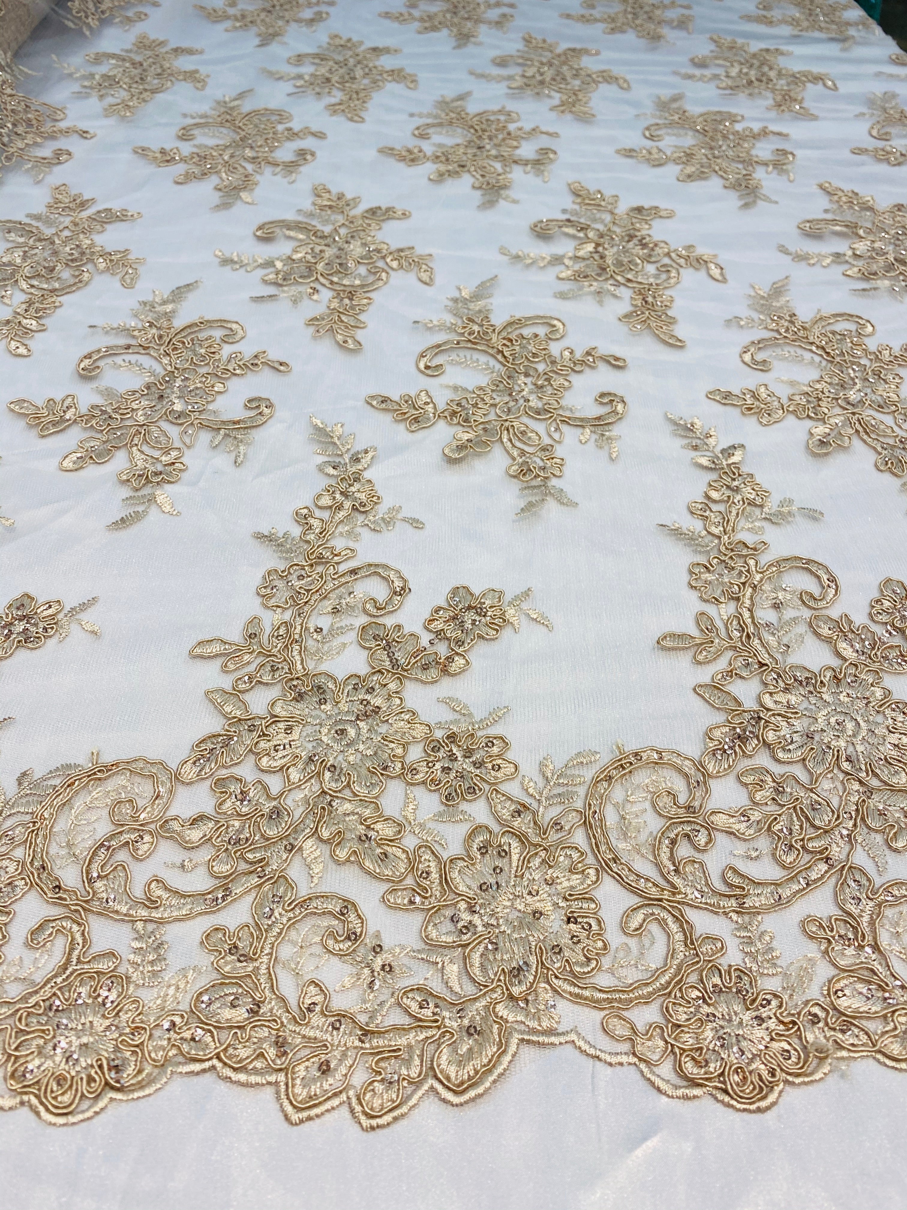 Lace Fabric - Champagne - Corded Flower Embroidery With Sequins on Mesh Polyester By The Yard