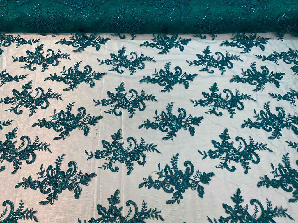 Lace Fabric - Green - Corded Flower Embroidery With Sequins on Mesh Polyester By The Yard
