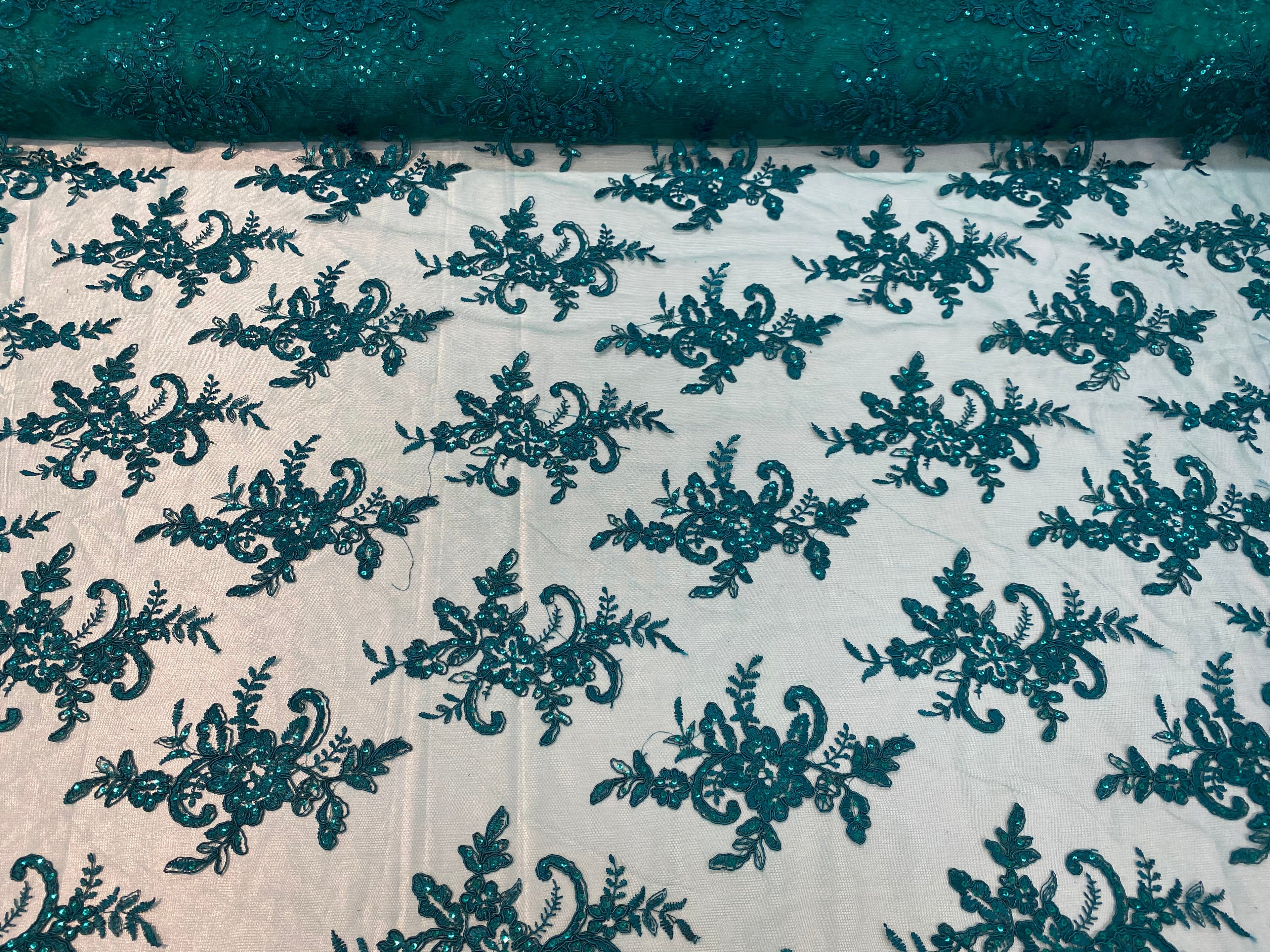 Lace Fabric - Green - Corded Flower Embroidery With Sequins on Mesh Polyester By The Yard