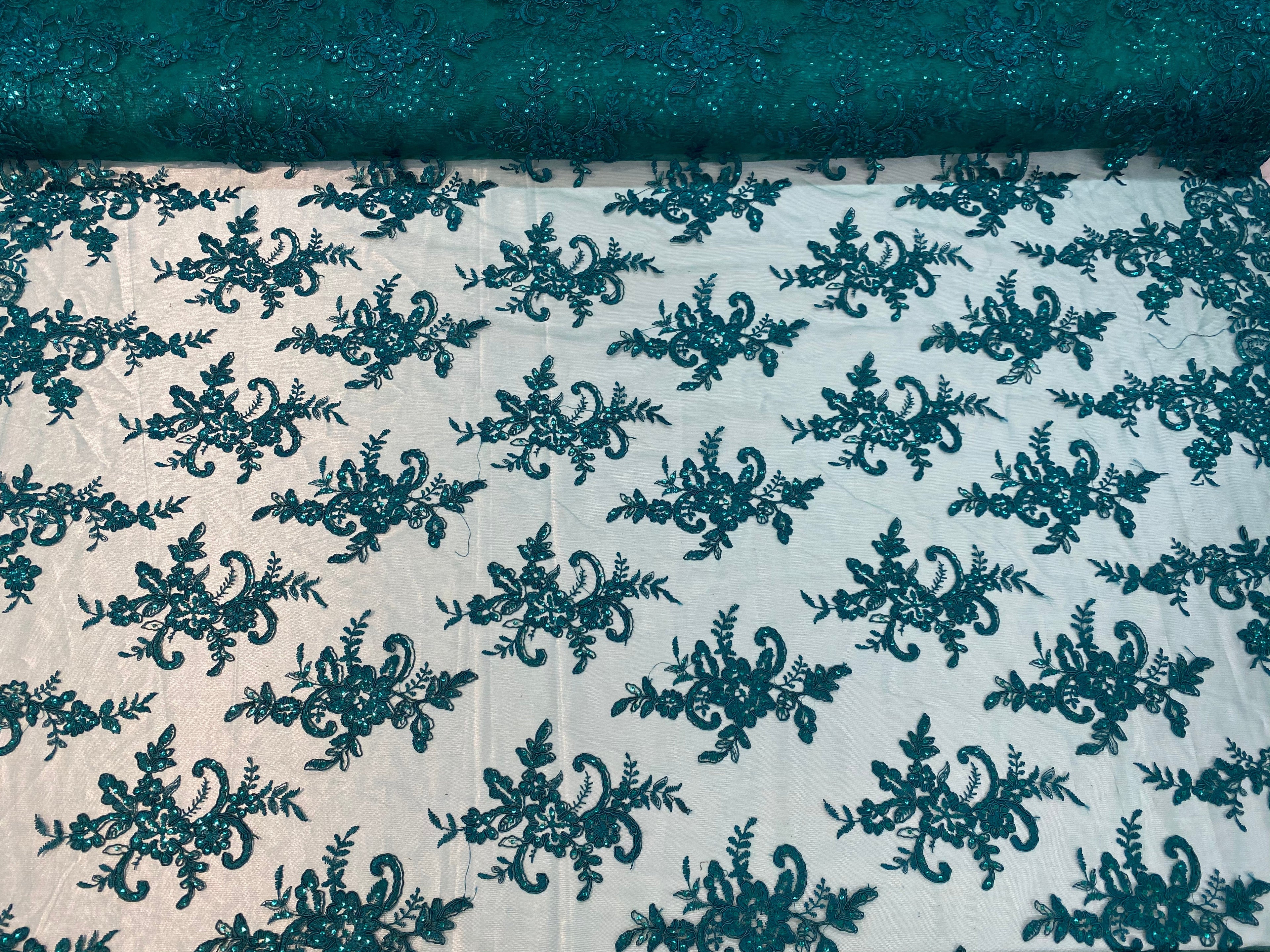 Lace Fabric - Green - Corded Flower Embroidery With Sequins on Mesh Polyester By The Yard