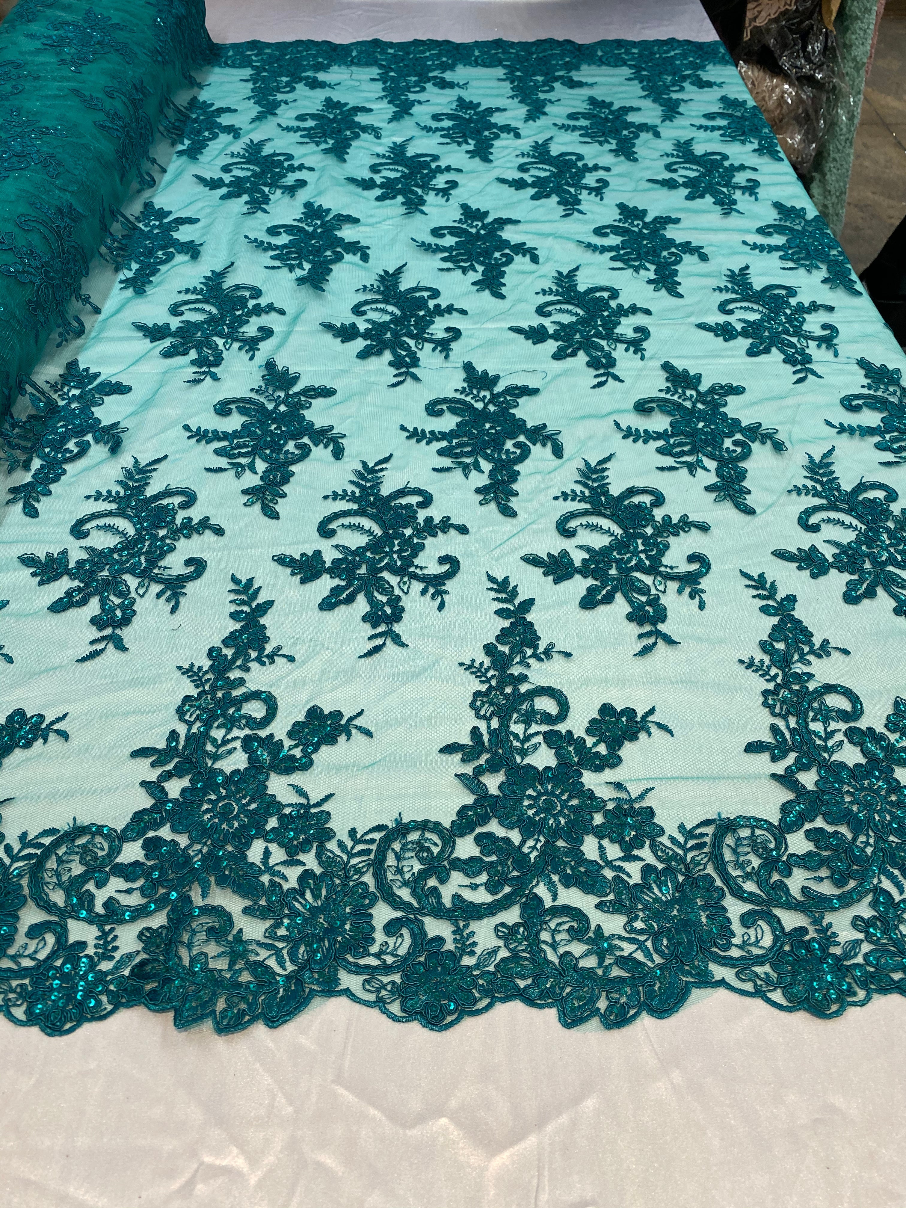 Lace Fabric - Green - Corded Flower Embroidery With Sequins on Mesh Polyester By The Yard