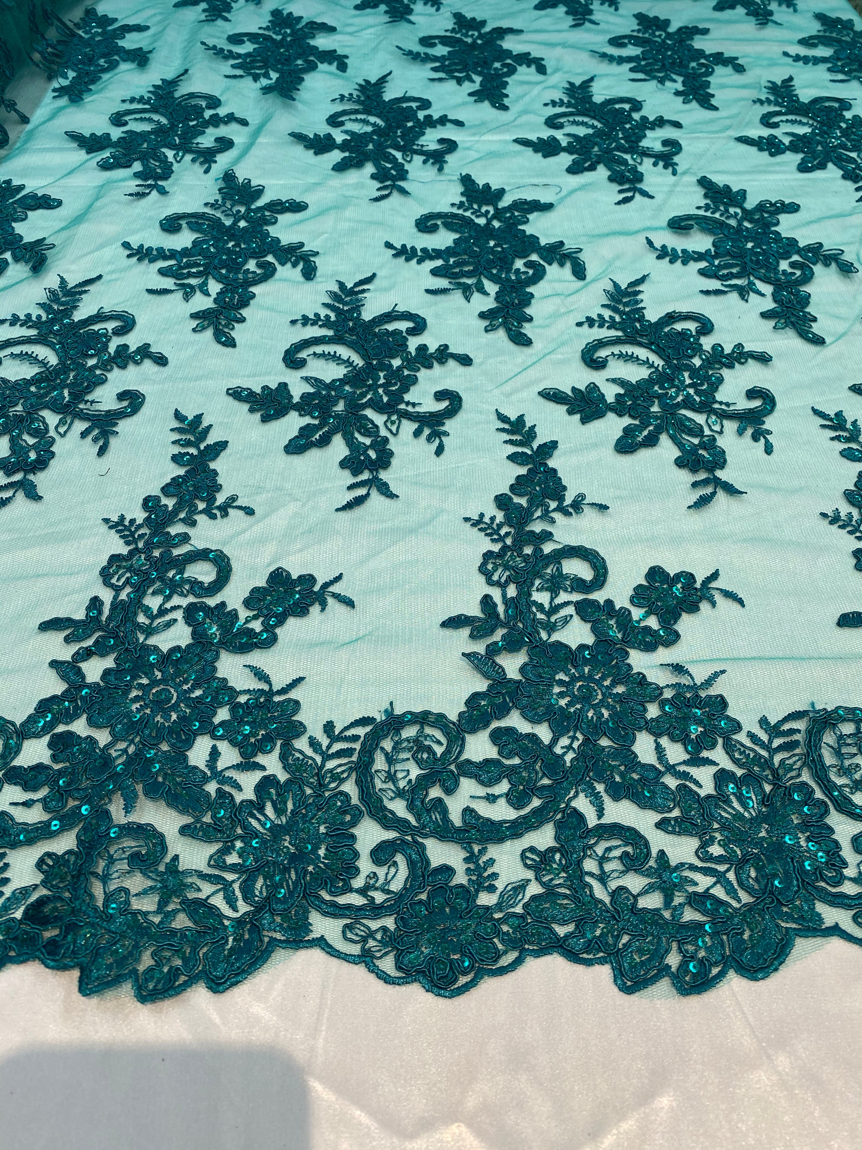 Lace Fabric - Green - Corded Flower Embroidery With Sequins on Mesh Polyester By The Yard