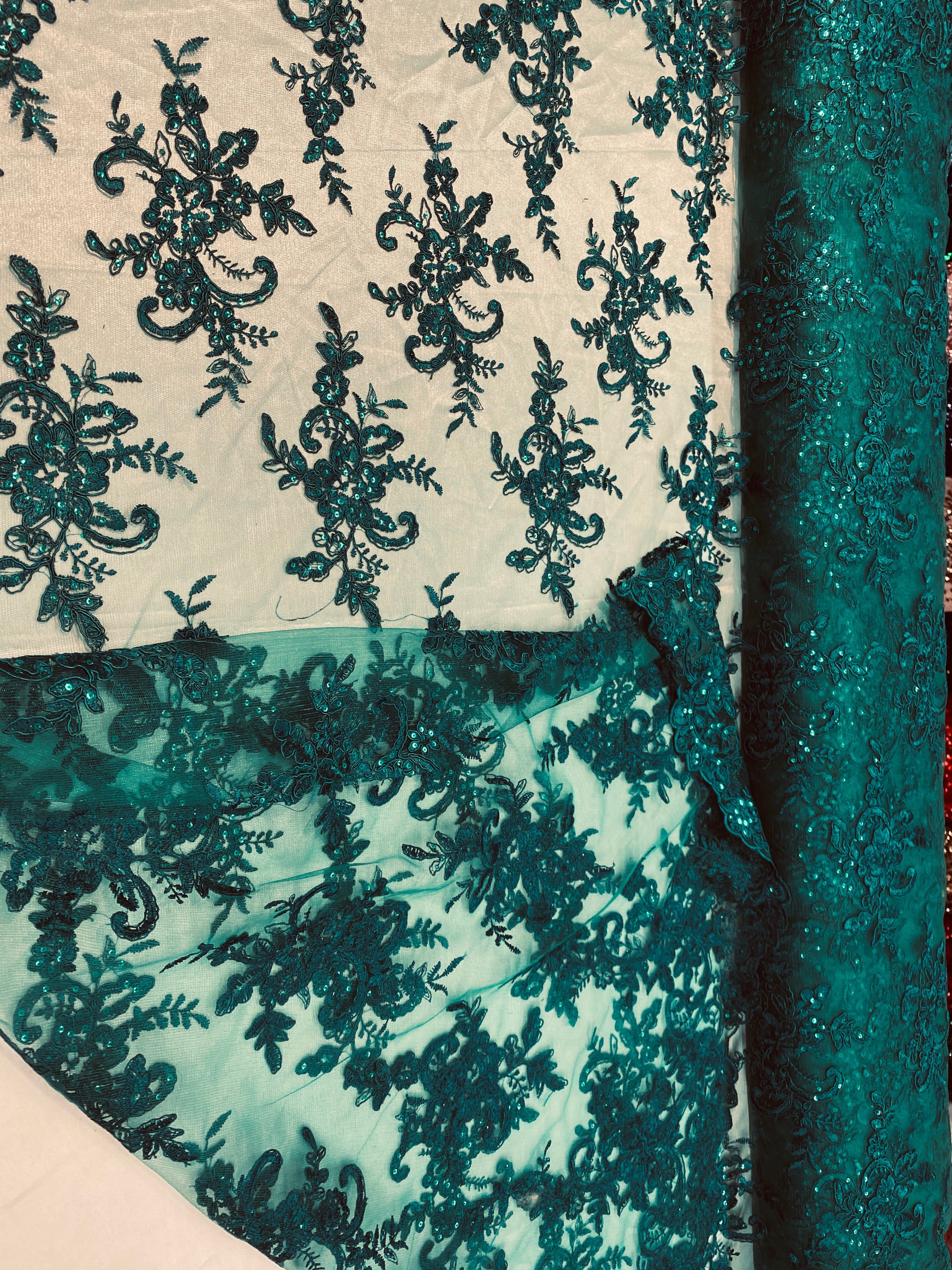 Lace Fabric - Green - Corded Flower Embroidery With Sequins on Mesh Polyester By The Yard