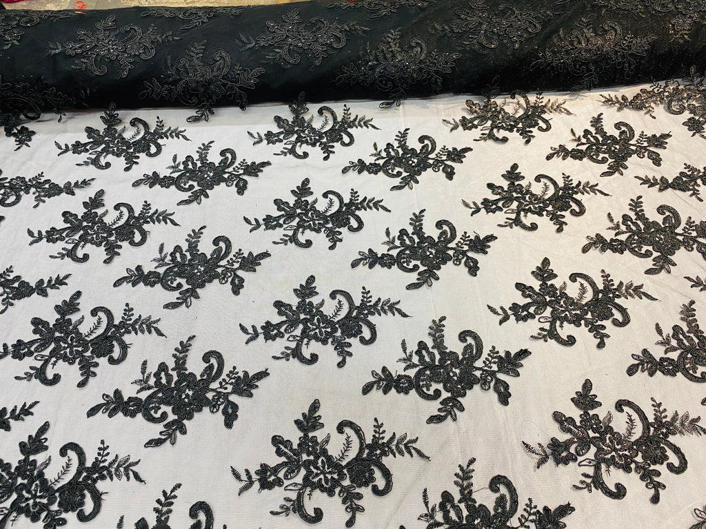 Lace Fabric - Black - Corded Flower Embroidery With Sequins on Mesh Polyester By The Yard
