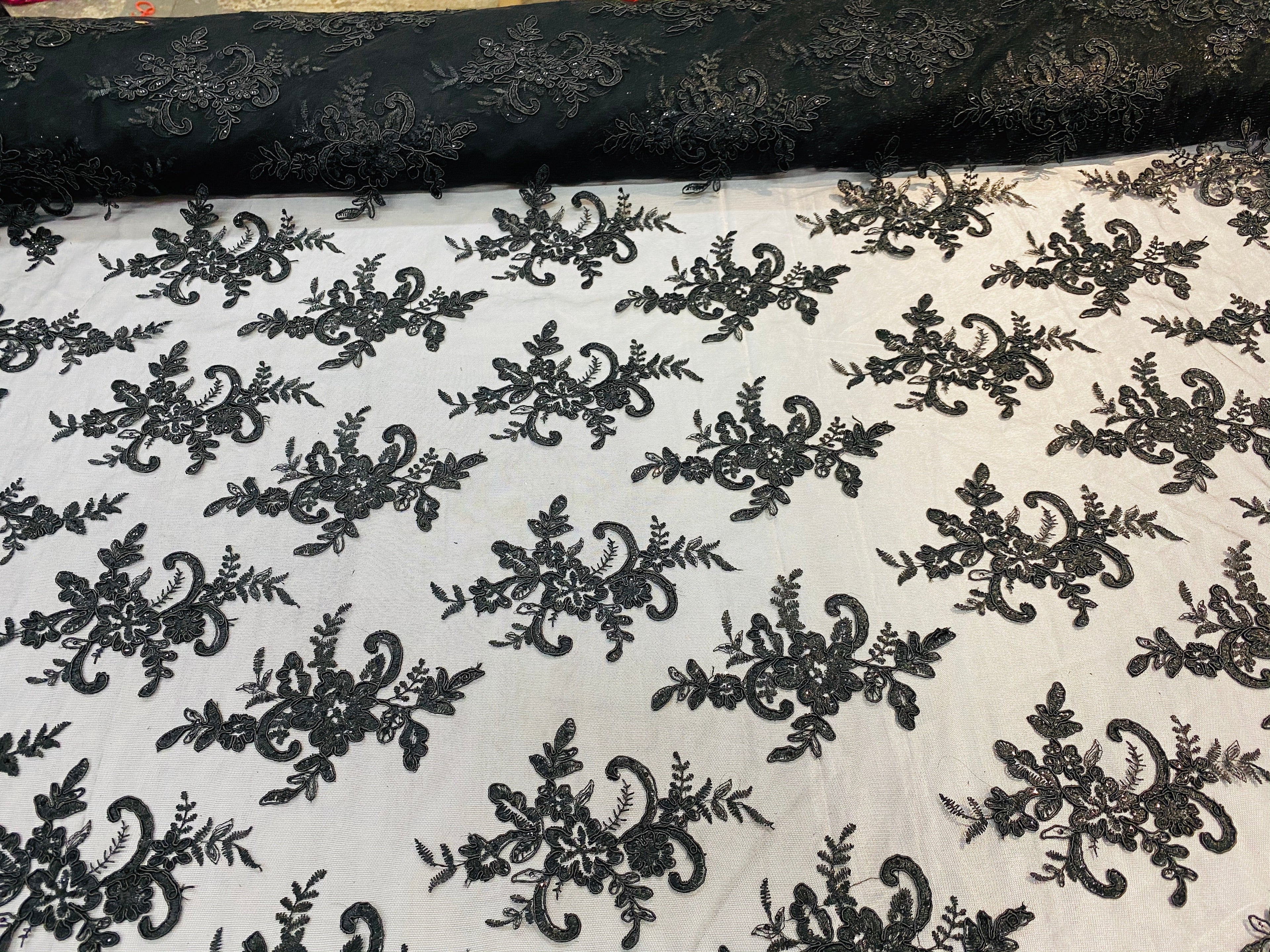 Lace Fabric - Black - Corded Flower Embroidery With Sequins on Mesh Polyester By The Yard