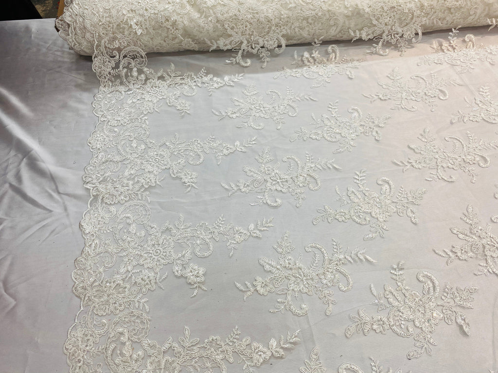 Lace Fabric - Ivory - Corded Flower Embroidery With Sequins on Mesh Polyester By The Yard
