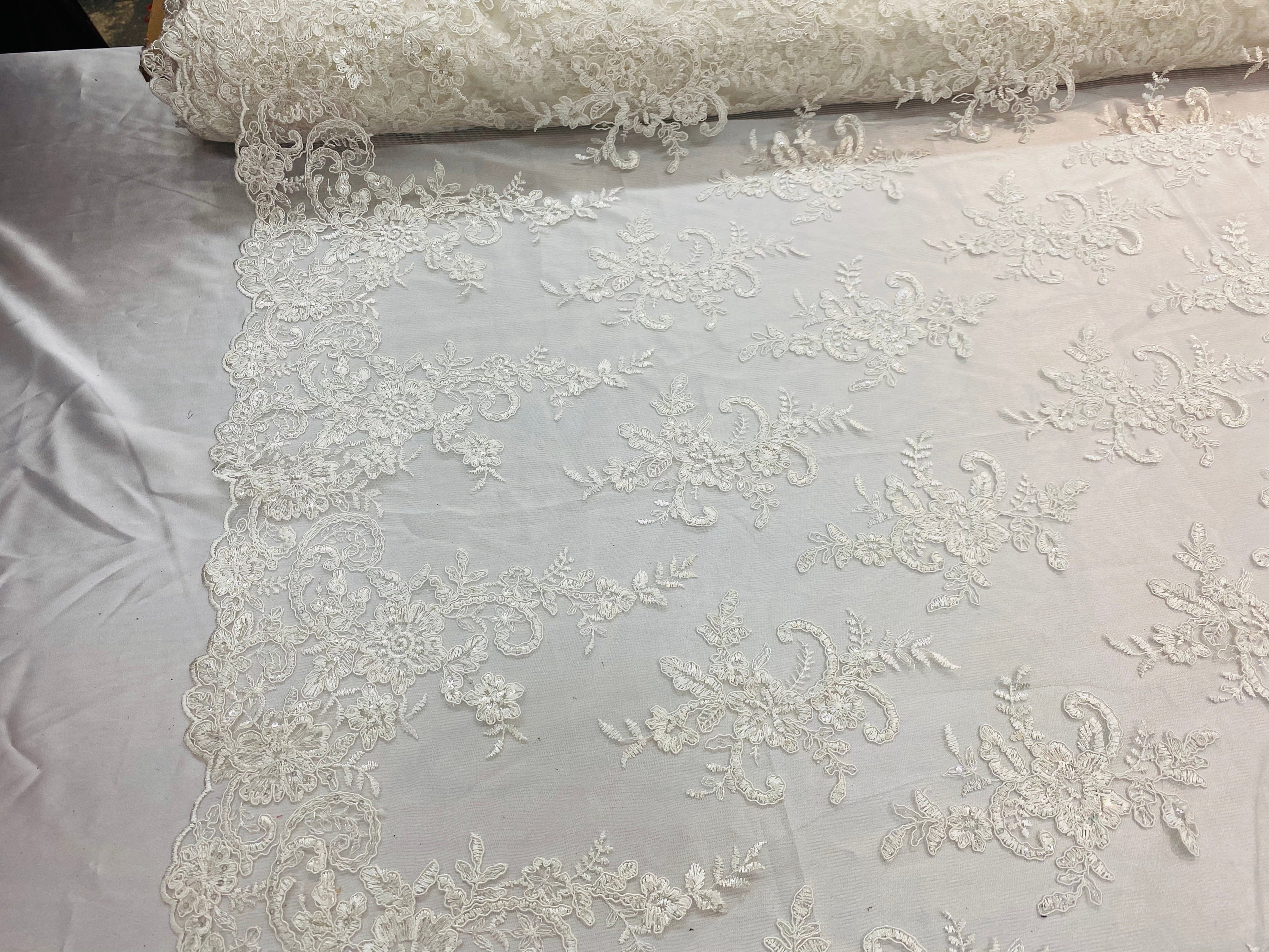 Lace Fabric - Ivory - Corded Flower Embroidery With Sequins on Mesh Polyester By The Yard
