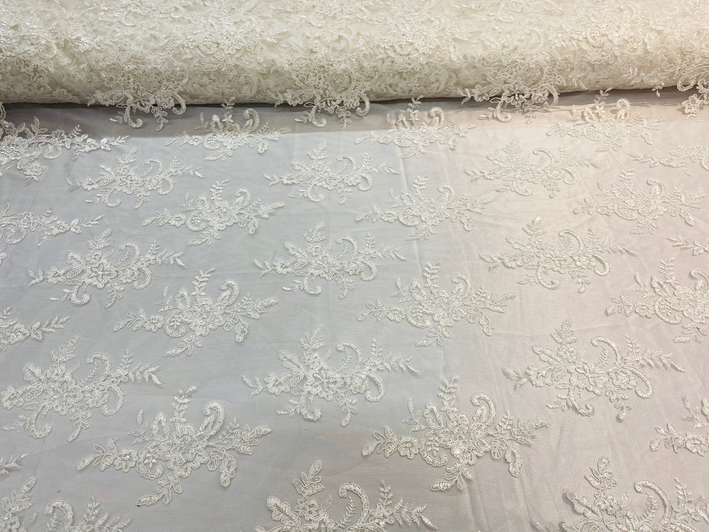 Lace Fabric - Ivory - Corded Flower Embroidery With Sequins on Mesh Polyester By The Yard
