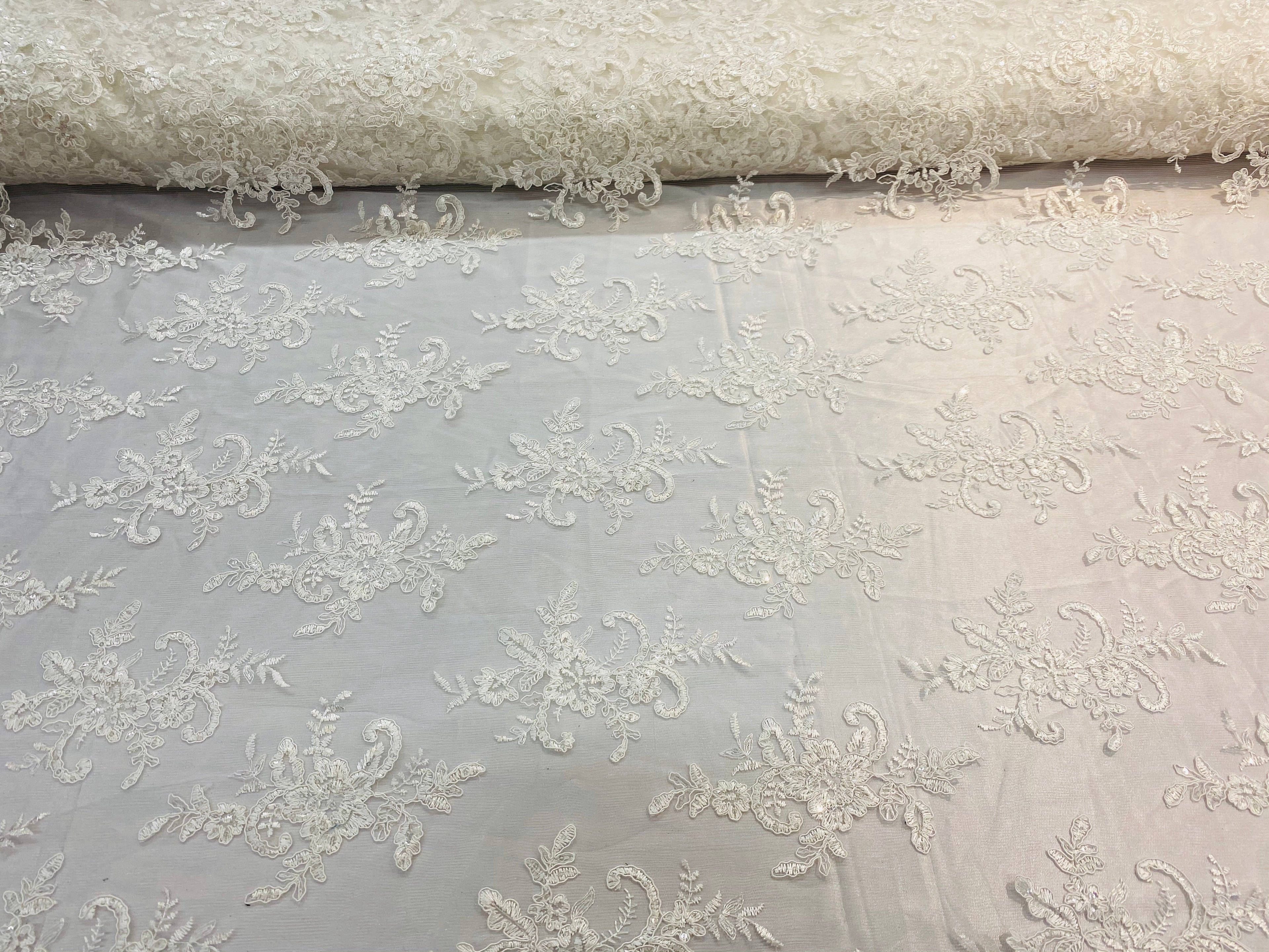 Lace Fabric - Ivory - Corded Flower Embroidery With Sequins on Mesh Polyester By The Yard