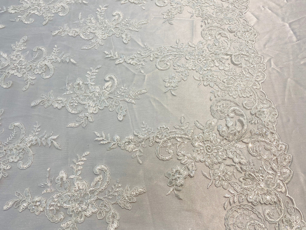 Lace Fabric - Ivory - Corded Flower Embroidery With Sequins on Mesh Polyester By The Yard