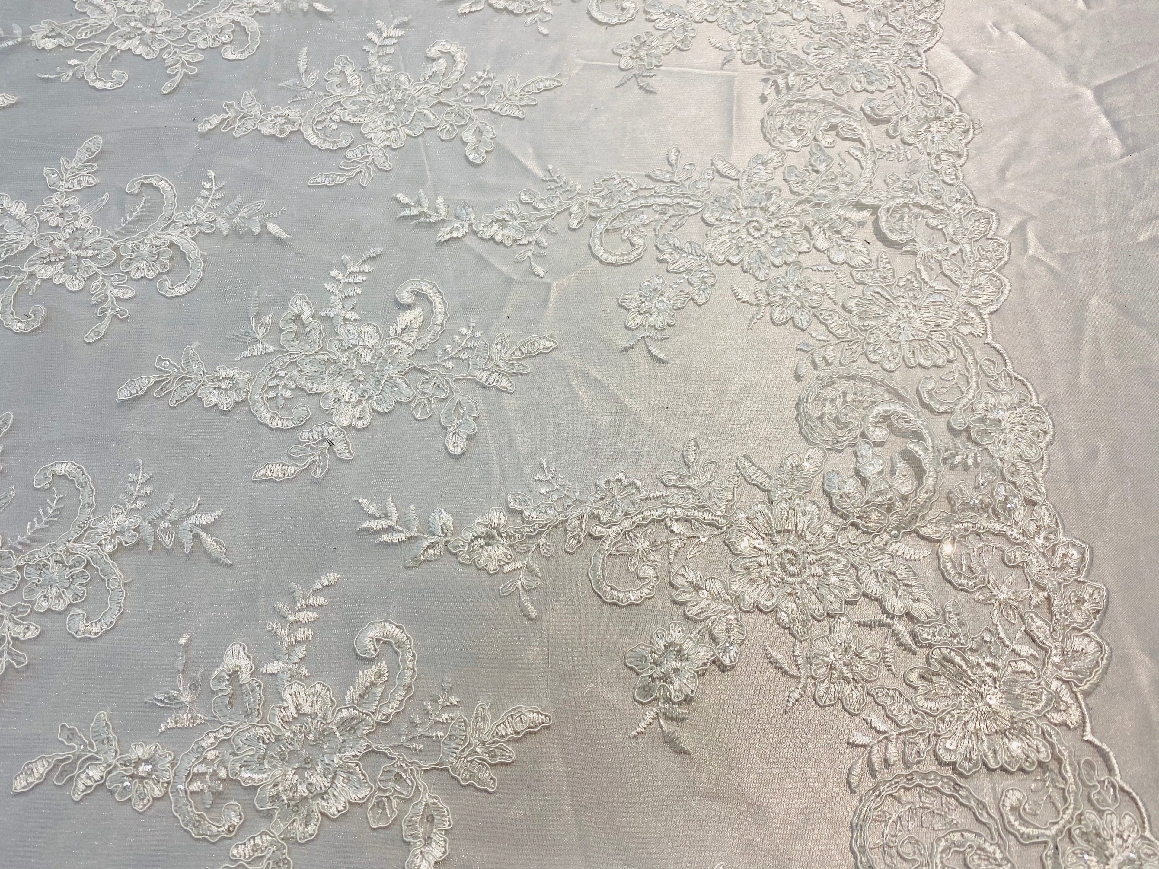 Lace Fabric - Ivory - Corded Flower Embroidery With Sequins on Mesh Polyester By The Yard