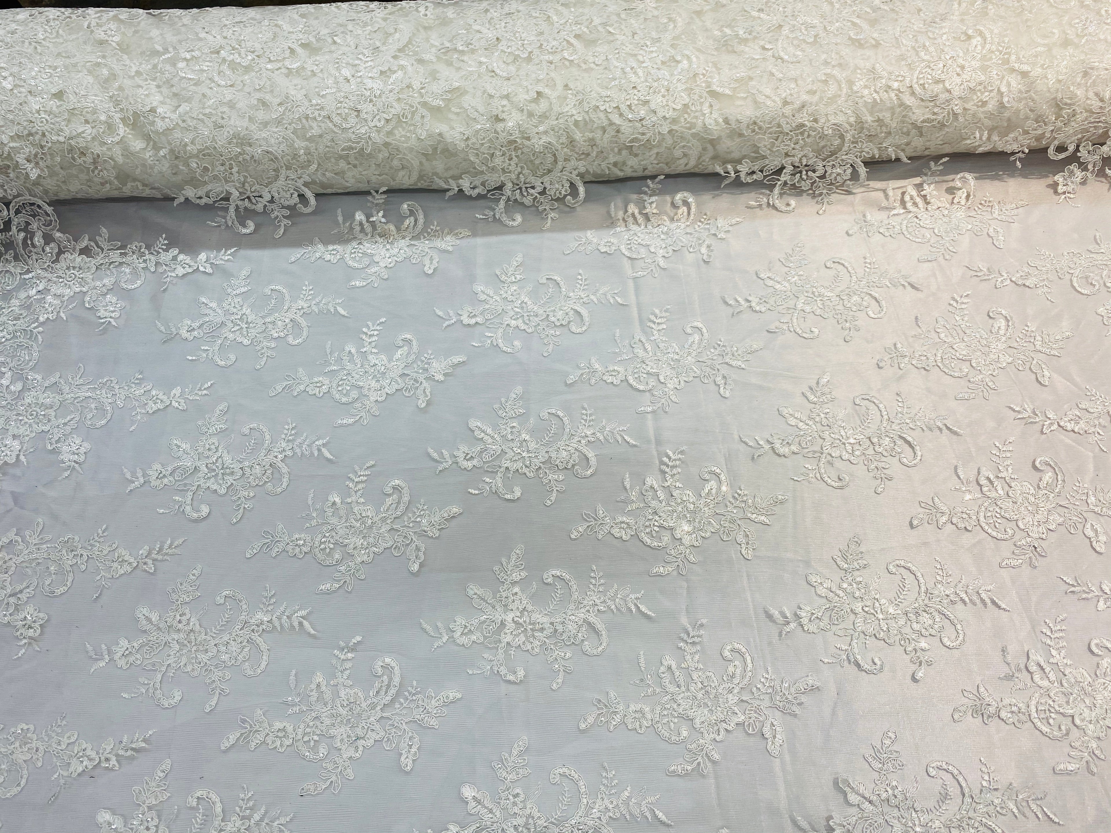 Lace Fabric - Ivory - Corded Flower Embroidery With Sequins on Mesh Polyester By The Yard