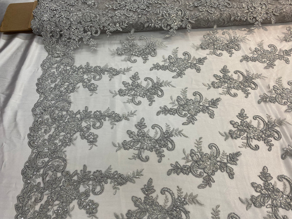 Lace Fabric - Silver - Corded Flower Embroidery With Sequins on Mesh Polyester By The Yard