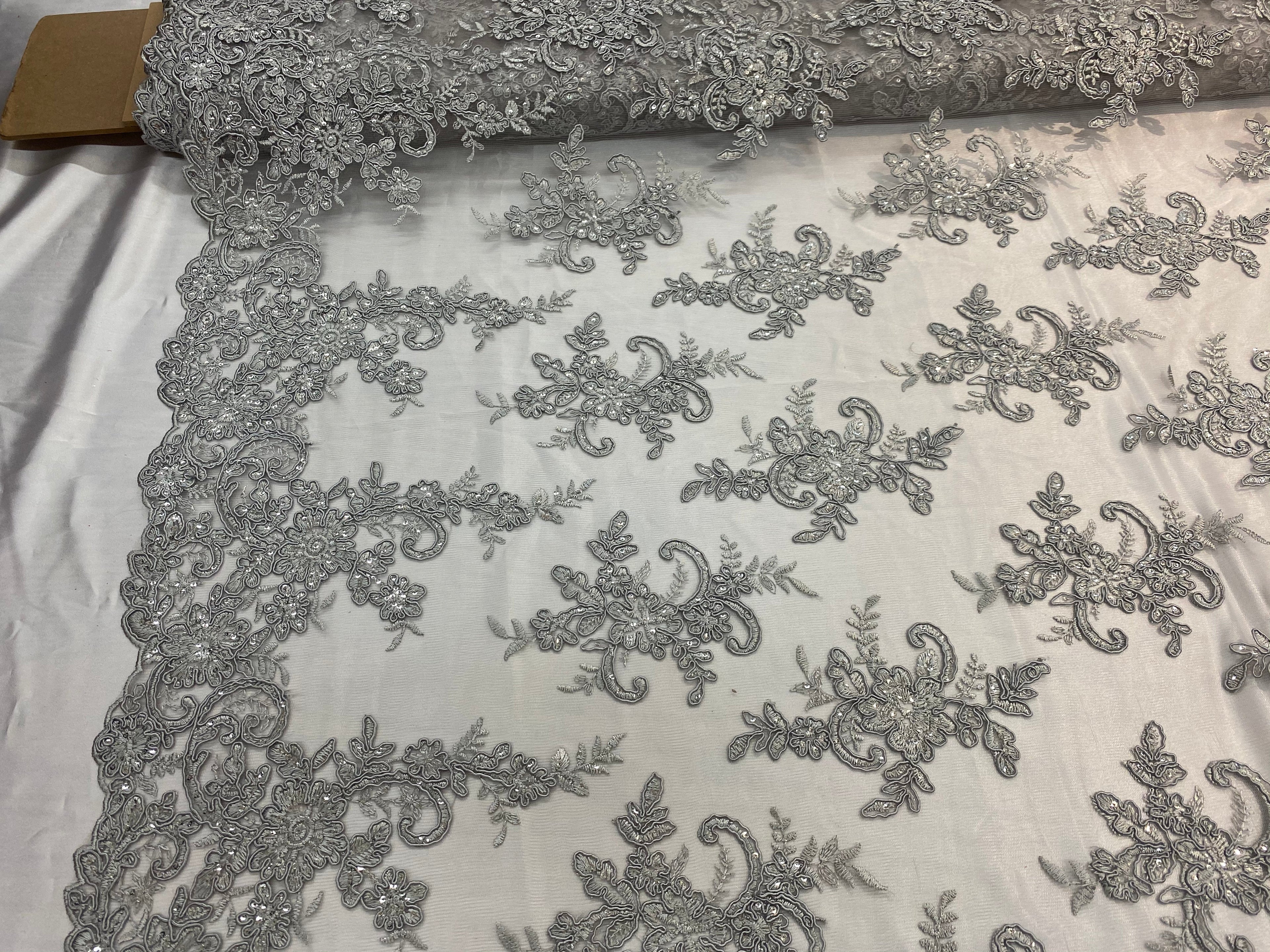 Lace Fabric - Silver - Corded Flower Embroidery With Sequins on Mesh Polyester By The Yard