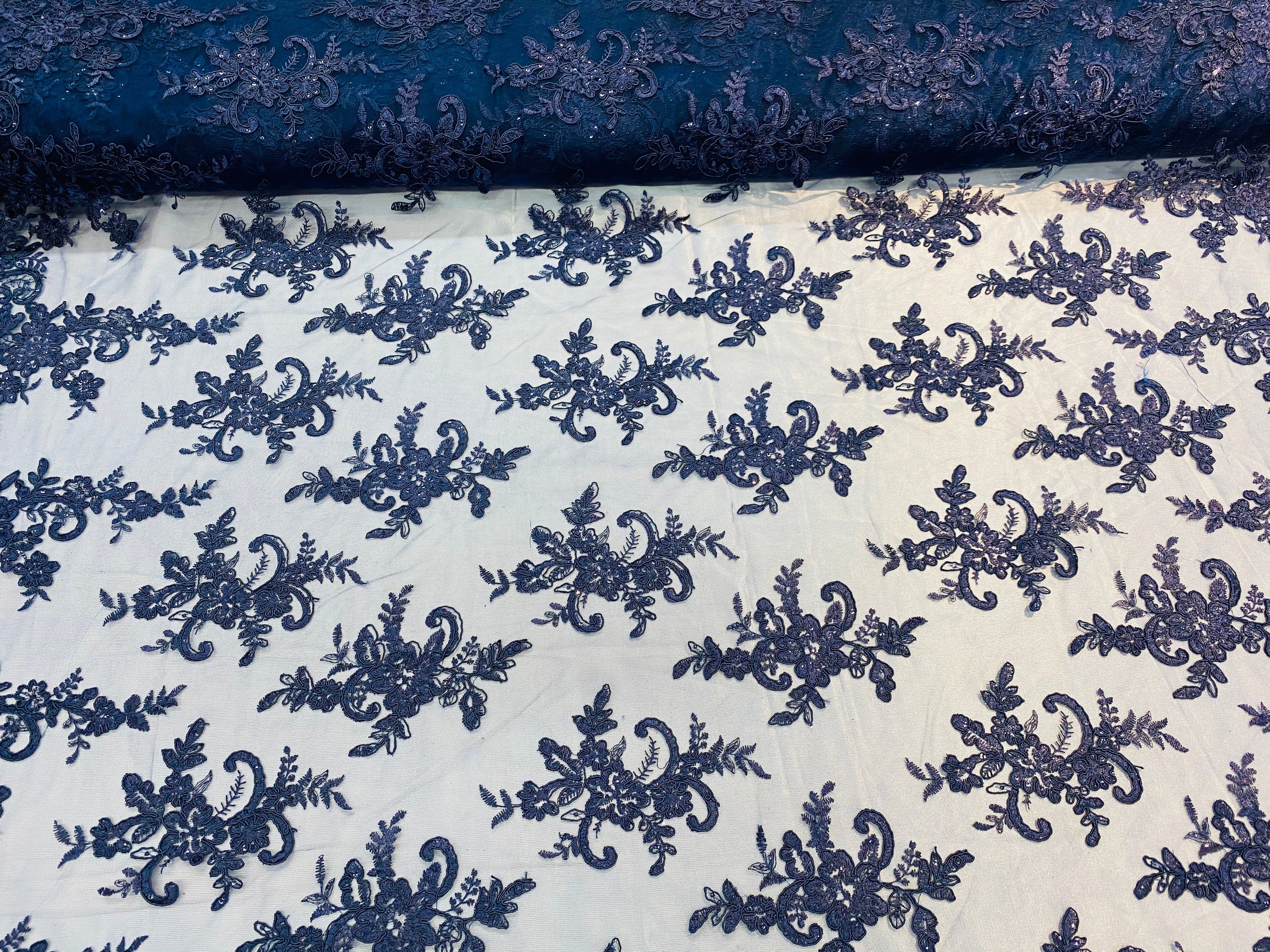 Lace Fabric - Navy - Corded Flower Embroidery With Sequins on Mesh Polyester By The Yard