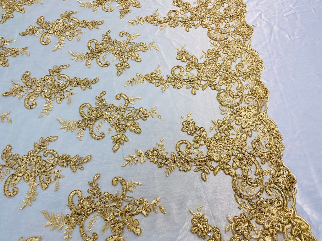 Lace Fabric - Gold - Corded Flower Embroidery With Sequins on Mesh Polyester By The Yard