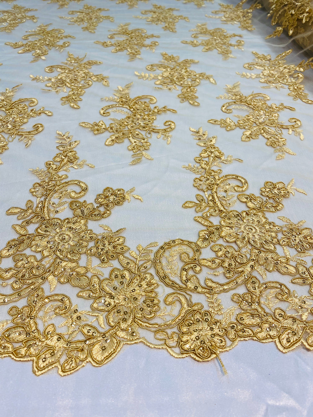 Lace Fabric - Gold - Corded Flower Embroidery With Sequins on Mesh Polyester By The Yard