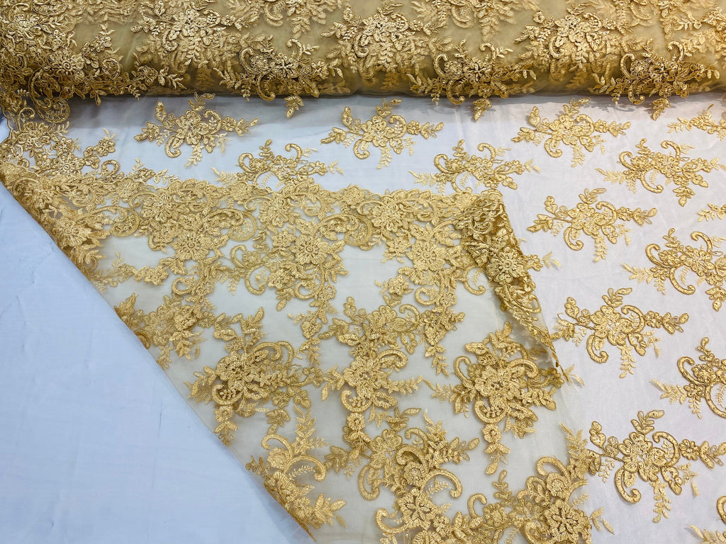 Lace Fabric - Gold - Corded Flower Embroidery With Sequins on Mesh Polyester By The Yard