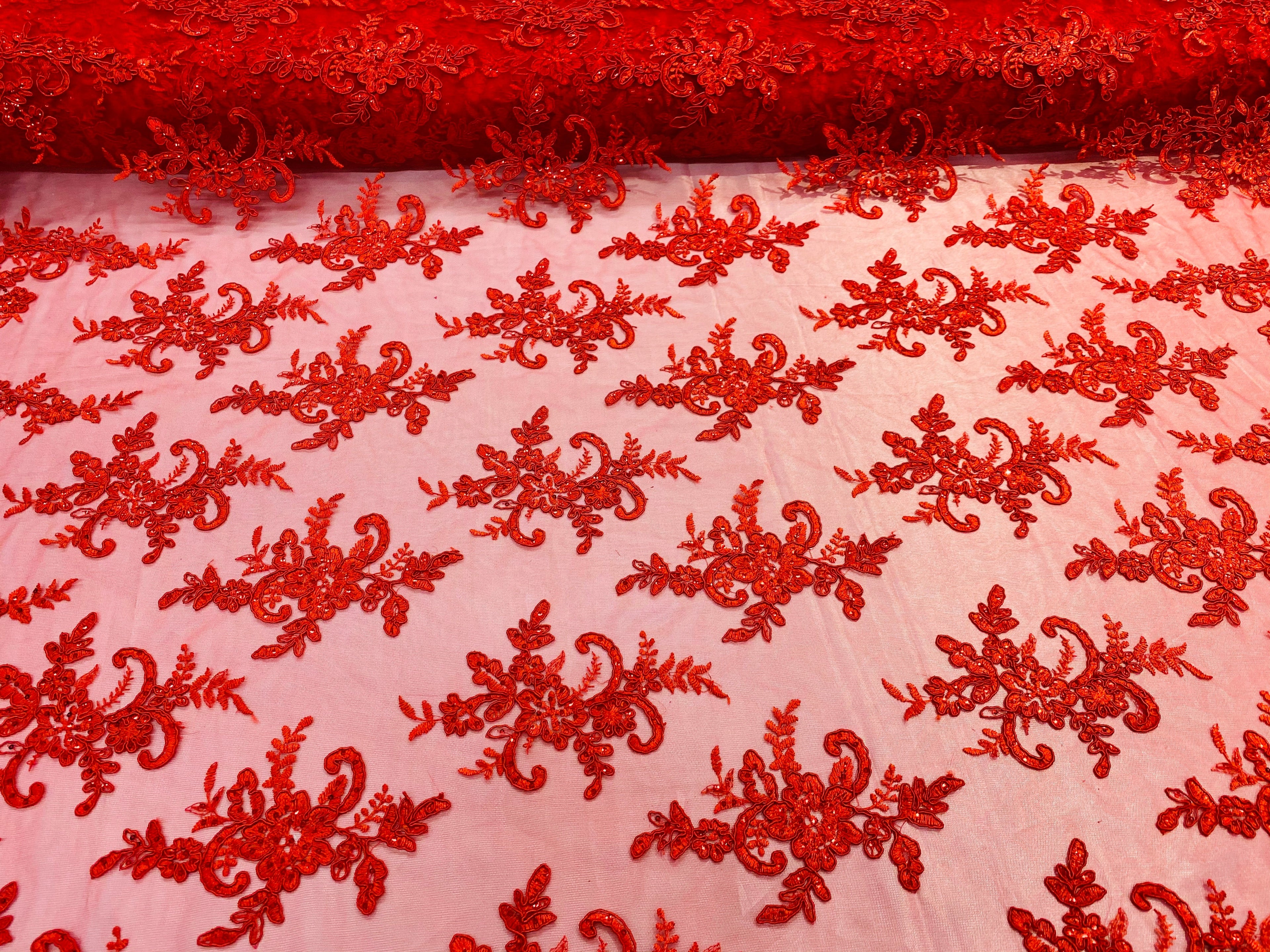 Lace Fabric - Red - Corded Flower Embroidery With Sequins on Mesh Polyester By The Yard