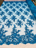 Lace Fabric - Turquoise - Corded Flower Embroidery With Sequins on Mesh Polyester By The Yard