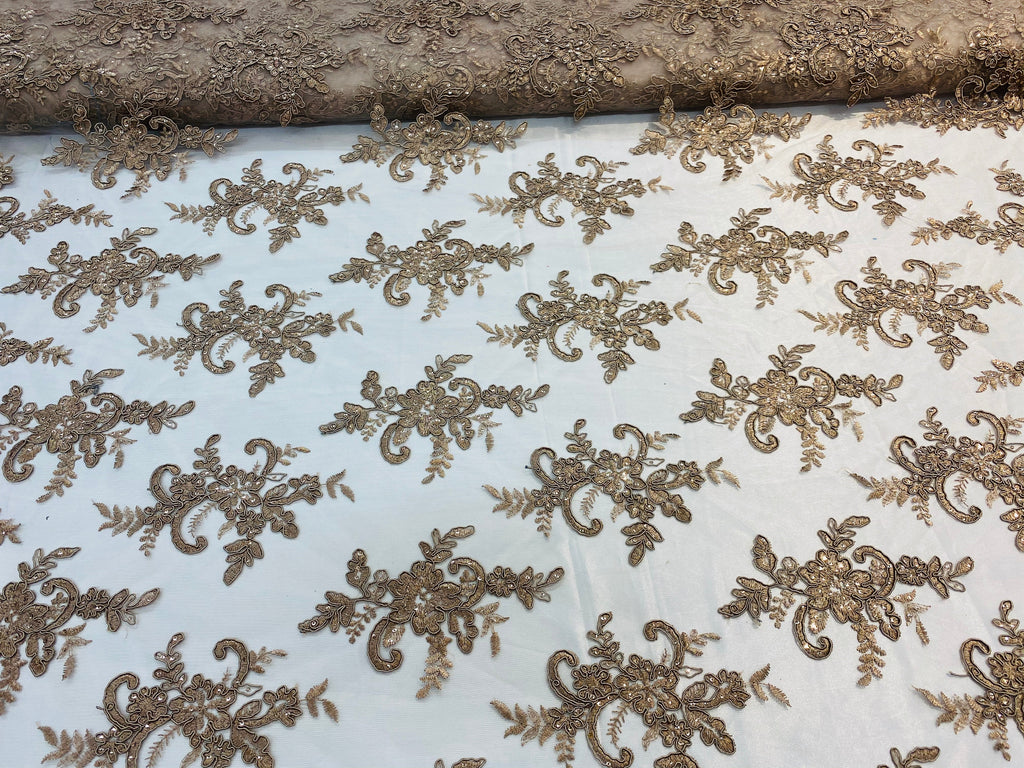 Lace Fabric - Coffee - Corded Flower Embroidery With Sequins on Mesh Polyester By The Yard