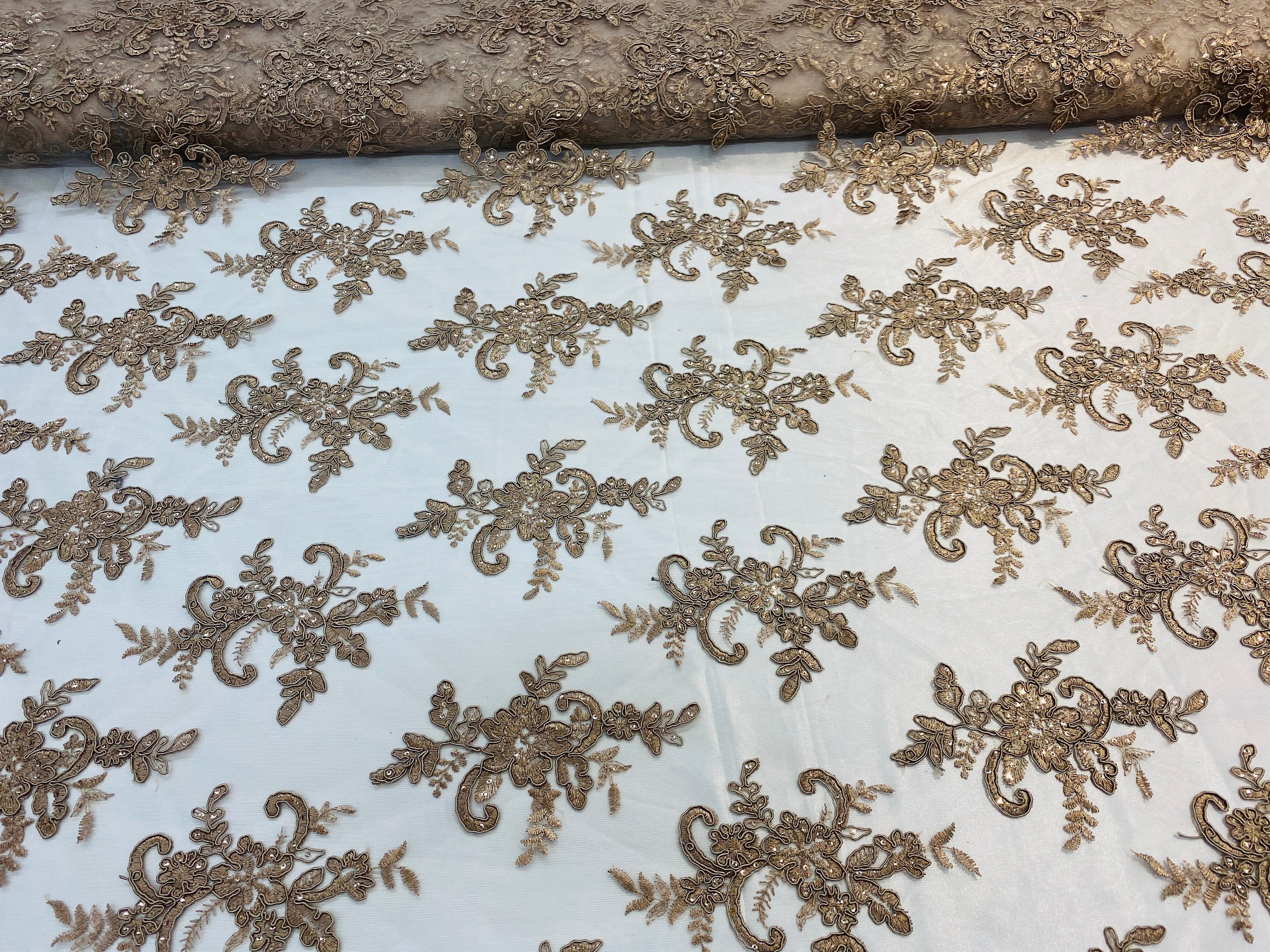 Lace Fabric - Coffee - Corded Flower Embroidery With Sequins on Mesh Polyester By The Yard