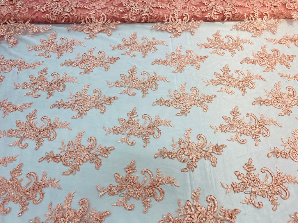 Lace Fabric - Peach - Corded Flower Embroidery With Sequins on Mesh Polyester By The Yard