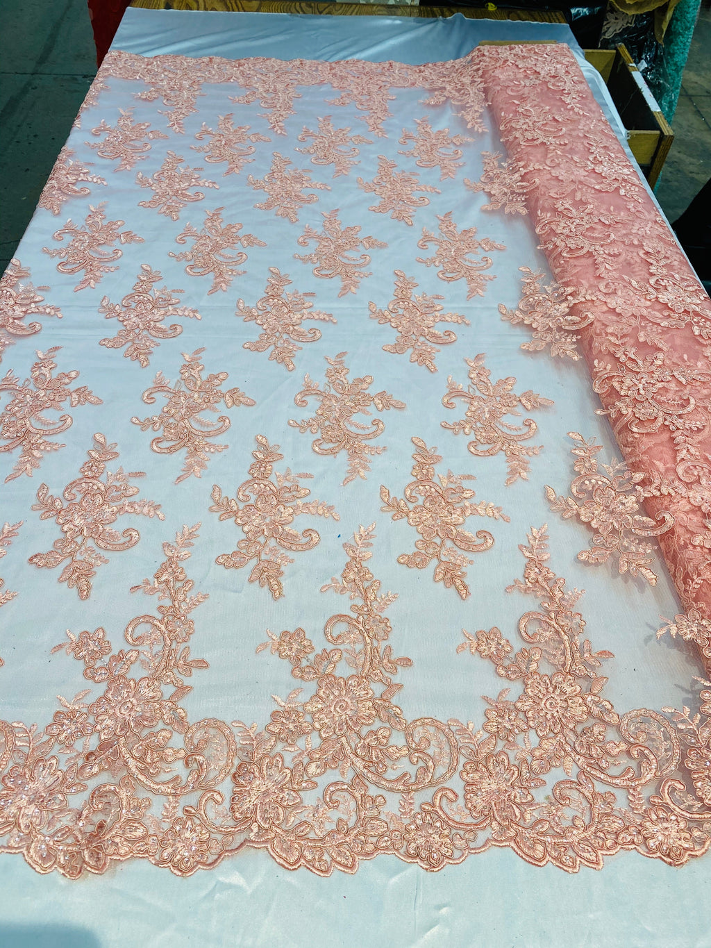 Lace Fabric - Peach - Corded Flower Embroidery With Sequins on Mesh Polyester By The Yard