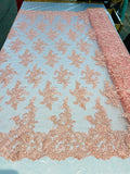 Lace Fabric - Peach - Corded Flower Embroidery With Sequins on Mesh Polyester By The Yard