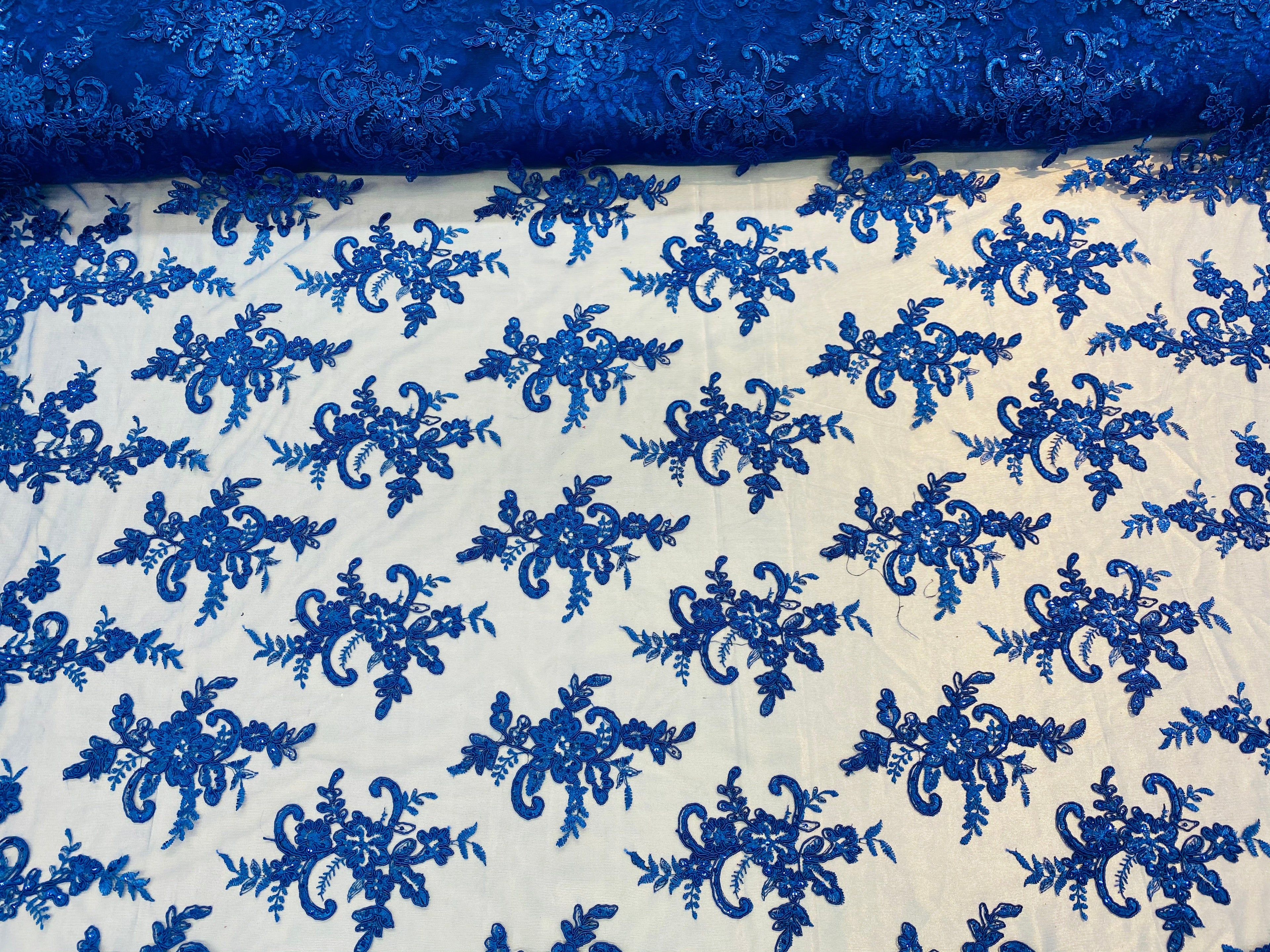 Lace Fabric - Royal Blue - Corded Flower Embroidery With Sequins on Mesh Polyester By The Yard