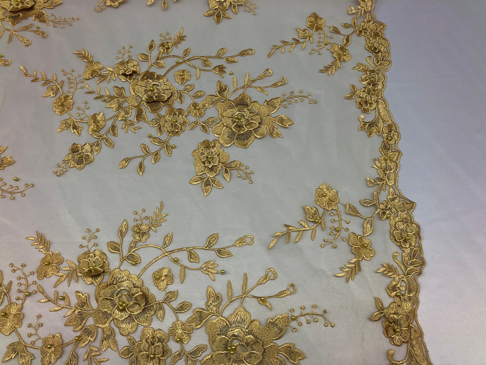 Floral Embroided 3D Fabric with small Pearl Decor - Gold - Beautiful Fabrics Sold by The Yard