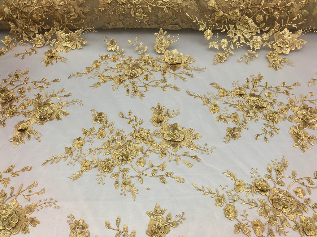 Floral Embroided 3D Fabric with small Pearl Decor - Gold - Beautiful Fabrics Sold by The Yard