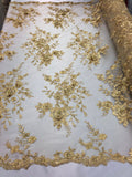 Floral Embroided 3D Fabric with small Pearl Decor - Gold - Beautiful Fabrics Sold by The Yard