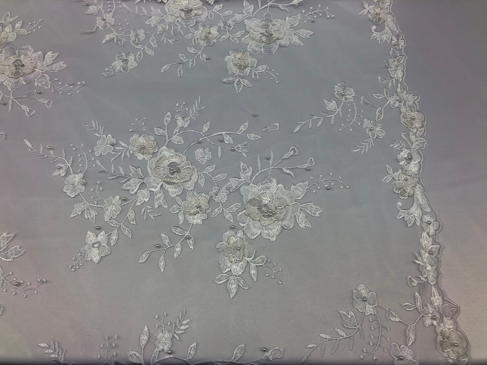 Floral Embroided 3D Fabric with small Pearl Decor - Ivory - Beautiful Fabrics Sold by The Yard