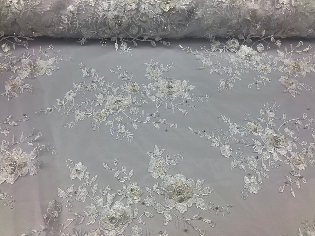 Floral Embroided 3D Fabric with small Pearl Decor - Ivory - Beautiful Fabrics Sold by The Yard
