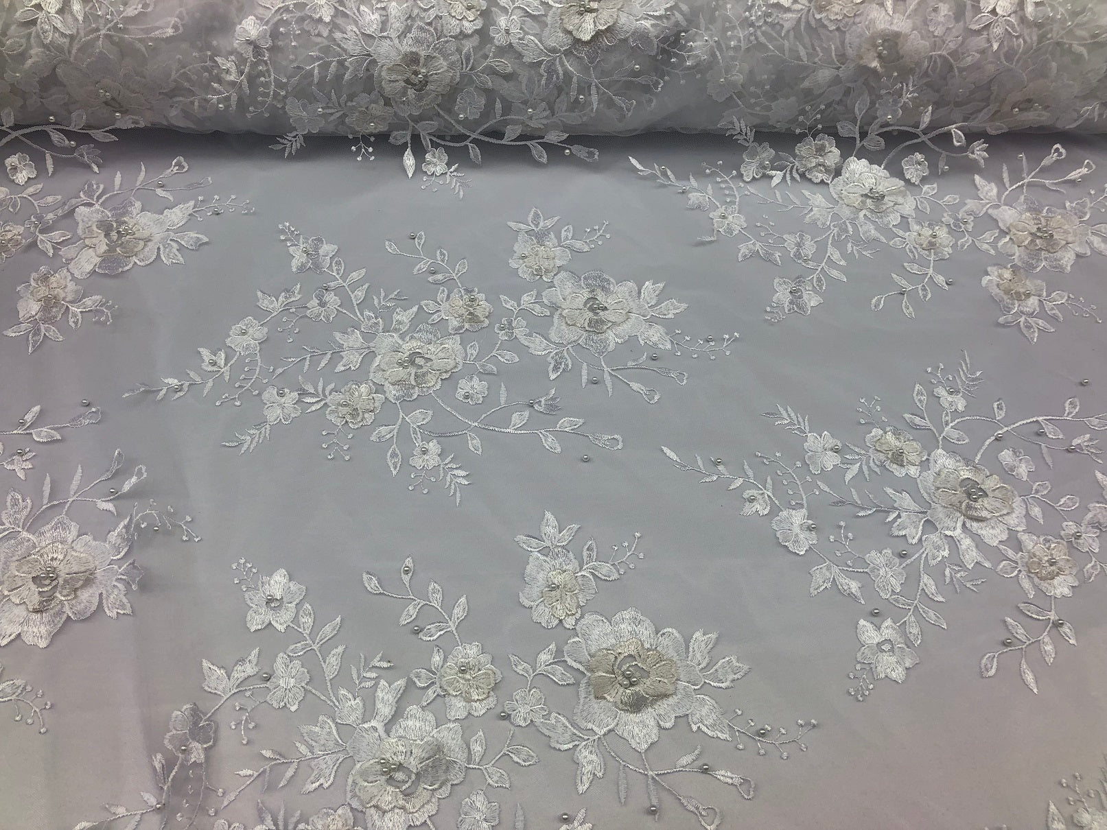 Floral Embroided 3D Fabric with small Pearl Decor - Ivory - Beautiful Fabrics Sold by The Yard