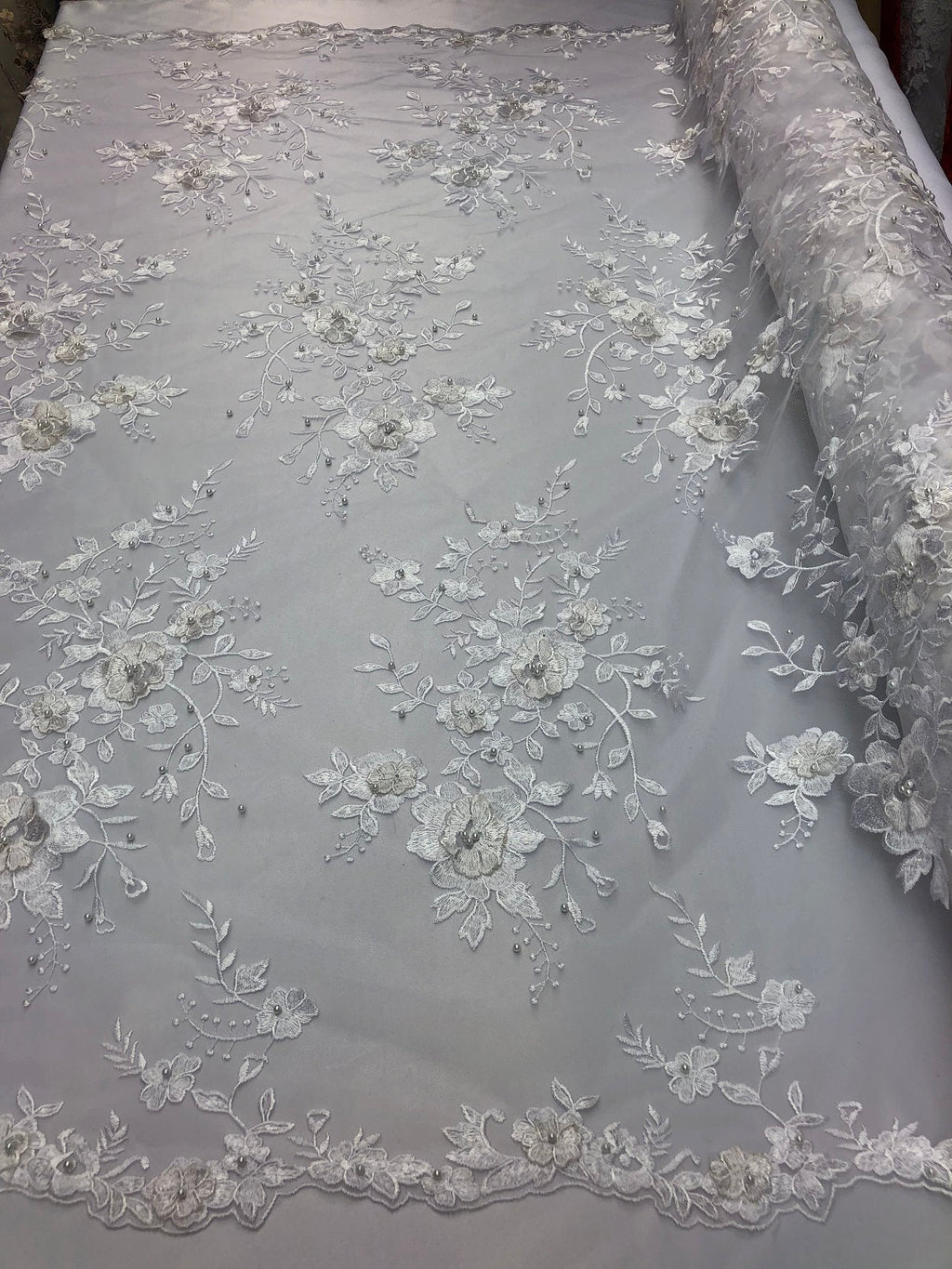 Floral Embroided 3D Fabric with small Pearl Decor - Ivory - Beautiful Fabrics Sold by The Yard
