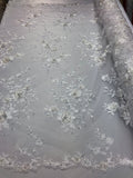 Floral Embroided 3D Fabric with small Pearl Decor - Ivory - Beautiful Fabrics Sold by The Yard
