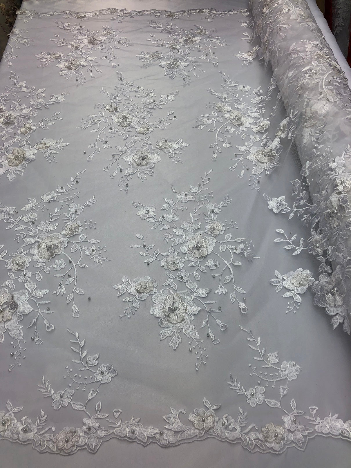 Floral Embroided 3D Fabric with small Pearl Decor - Ivory - Beautiful Fabrics Sold by The Yard