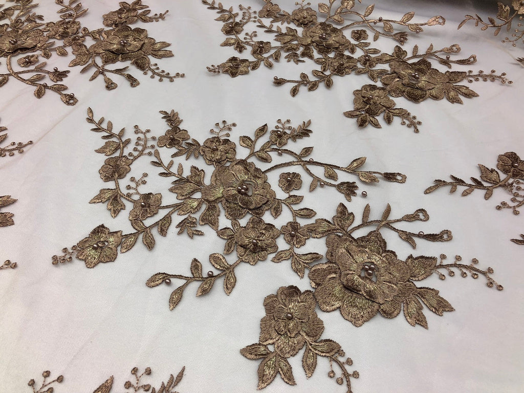 Floral Embroided 3D Fabric with small Pearl Decor - Coffee - Beautiful Fabrics Sold by The Yard