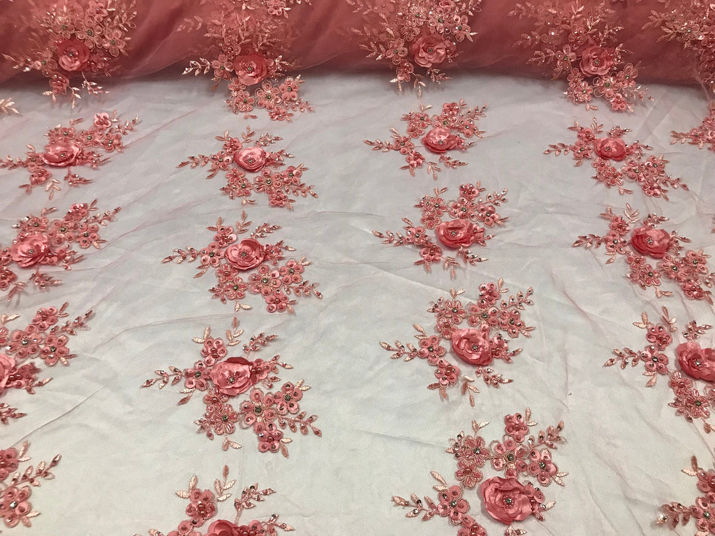 Beautiful - Coral - Embroidered 3D Flower Fabric with Pearls and Rhinestones  Sold by The Yard